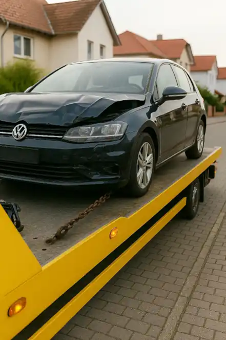 Ein defektes Auto wird in Moers abgeschleppt, um es zum Autoankauf zu bringen.